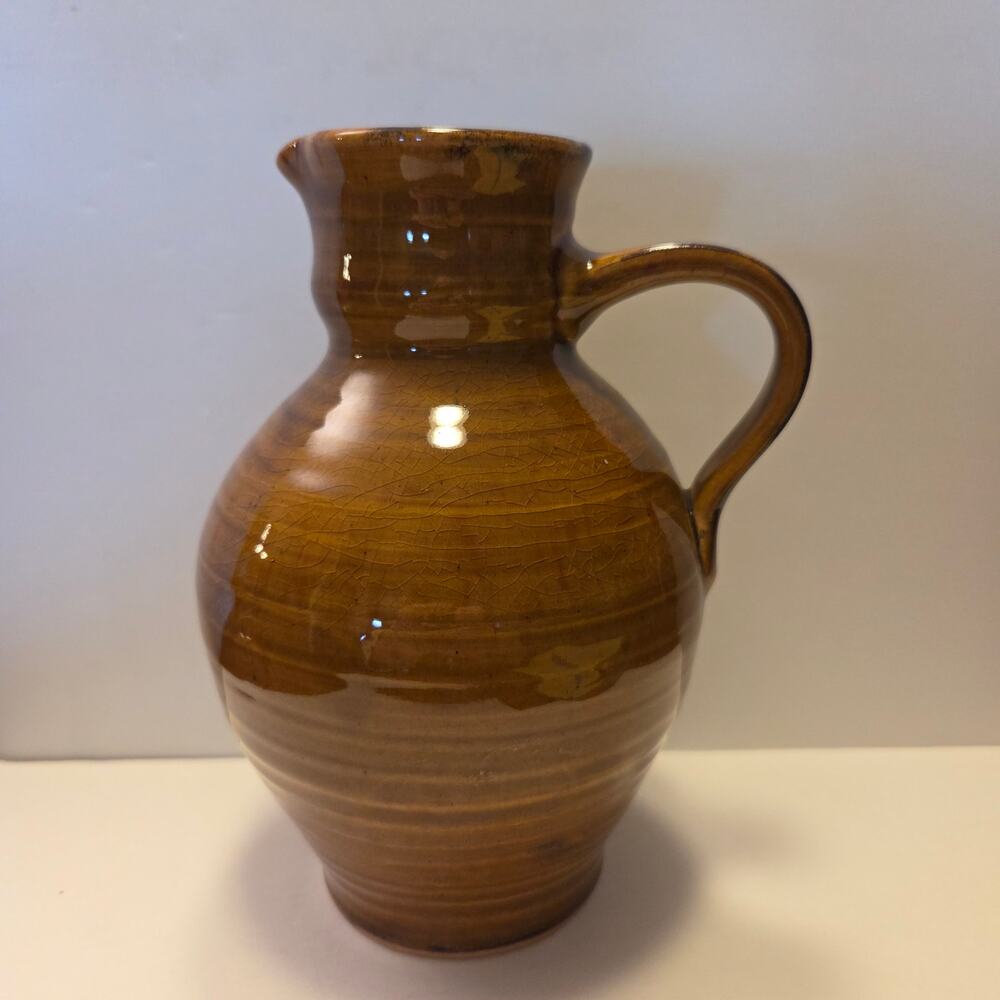 Vintage Brown Glazed Studio Hand Thrown Stoneware Pottery Pitcher Unmarked